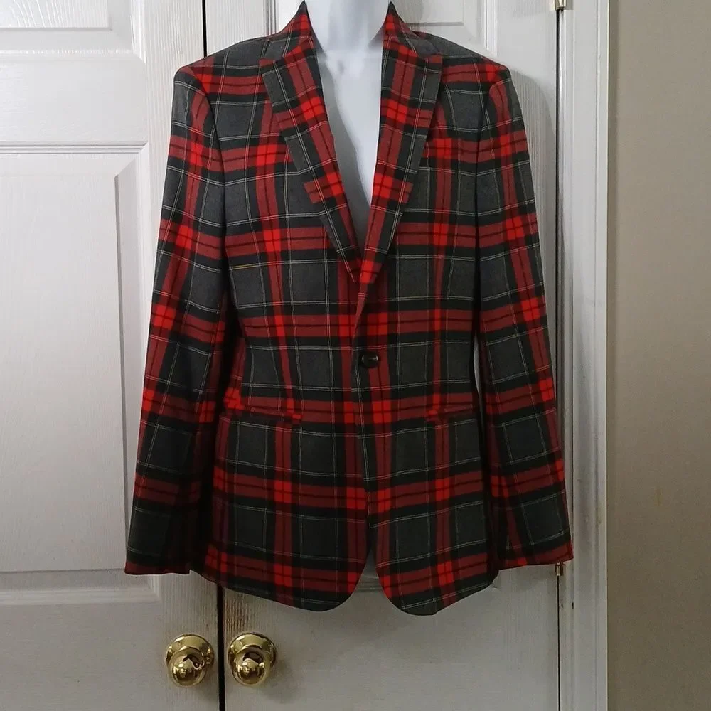 J Ferrar Red Black Plaid Classic Holiday Christmas Stretch Slim Blazer Sz 34/36